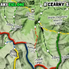 Fragment mapy Tatr z zaznaczonymi szlakami turystycznymi w różnych kolorach: zielonym, czerwonym, żółtym, niebieskim i czarnym.