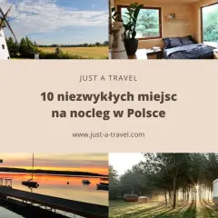 Kolaż zdjęć: wiatrak, domek w lesie, jezioro z domkiem na wodzie, jurtę.