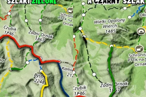 Fragment mapy Tatr z zaznaczonymi szlakami turystycznymi w różnych kolorach: zielonym, czerwonym, żółtym, niebieskim i czarnym.