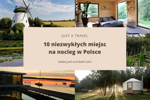 Kolaż zdjęć: wiatrak, domek w lesie, jezioro z domkiem na wodzie, jurtę.