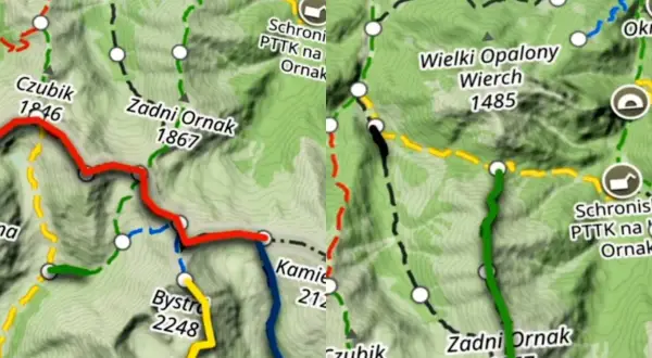 Fragment mapy Tatr z zaznaczonymi szlakami turystycznymi w różnych kolorach: zielonym, czerwonym, żółtym, niebieskim i czarnym.