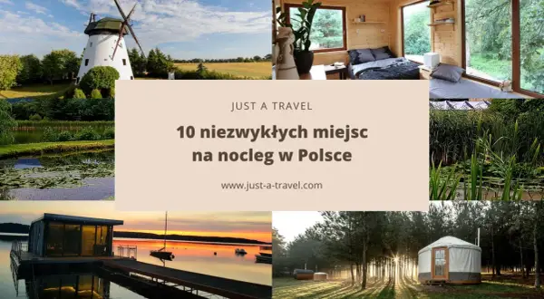 Kolaż zdjęć: wiatrak, domek w lesie, jezioro z domkiem na wodzie, jurtę.