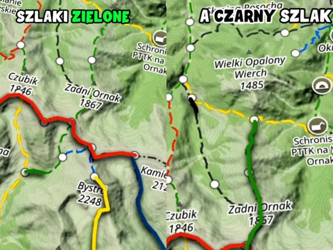 Fragment mapy Tatr z zaznaczonymi szlakami turystycznymi w różnych kolorach: zielonym, czerwonym, żółtym, niebieskim i czarnym.