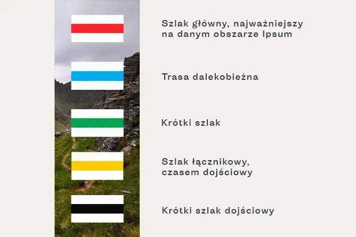 przykłady znak&oacute;w szlak&oacute;w turystycznych PTTK r&oacute;żne kolory