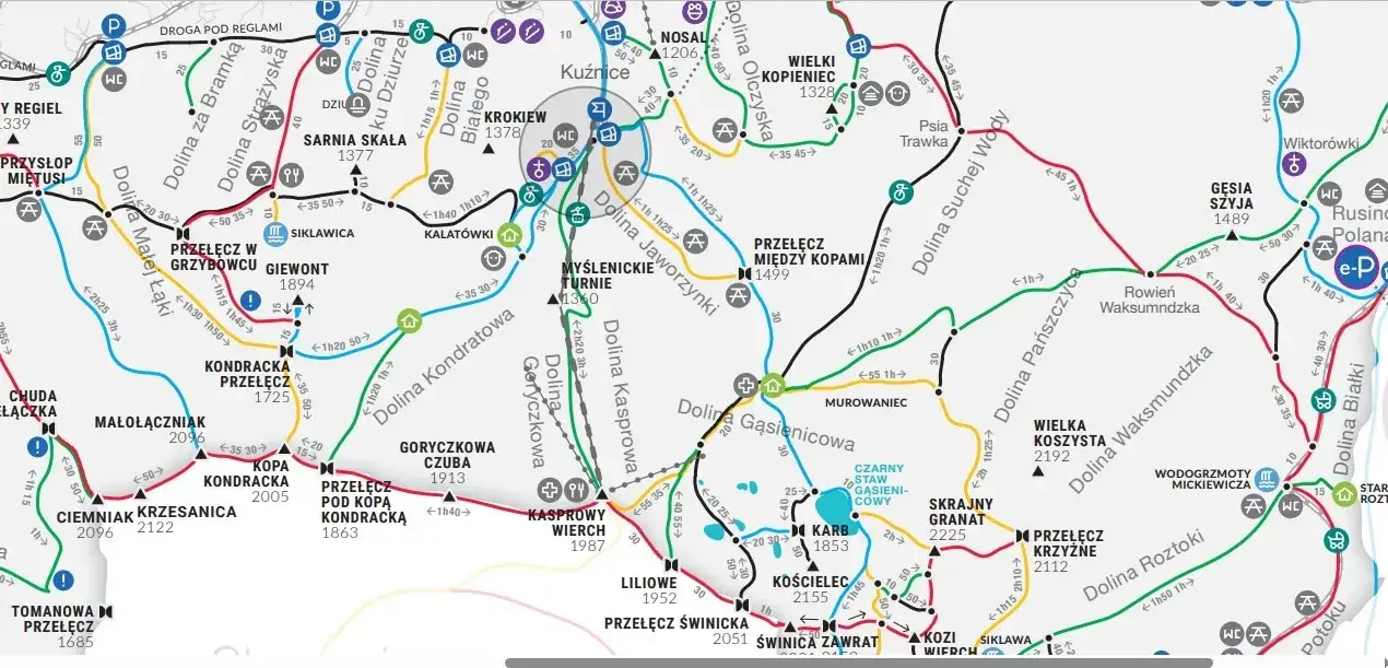Mapa szlak&oacute;w pieszych na Kasprowy Wierch z Kuźnic