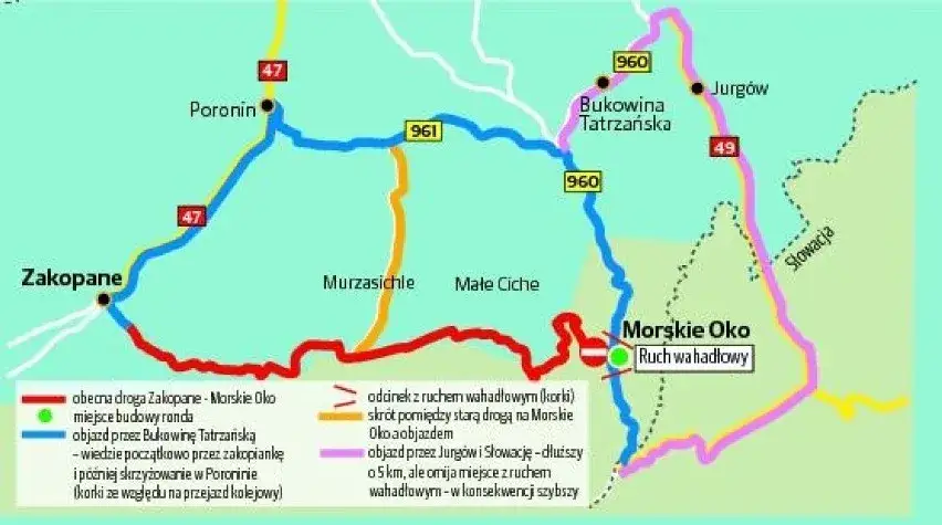Mapa szlaku na Morskie Oko z zaznaczonym Żlebem Żandarmerii i zamkniętymi odcinkami zimą
