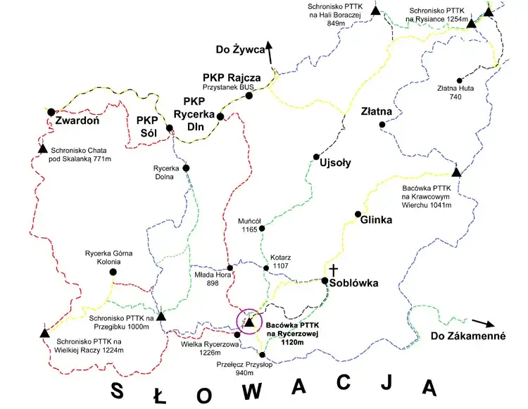 Mapa szlaków Beskid Żywiecki Rycerzowa