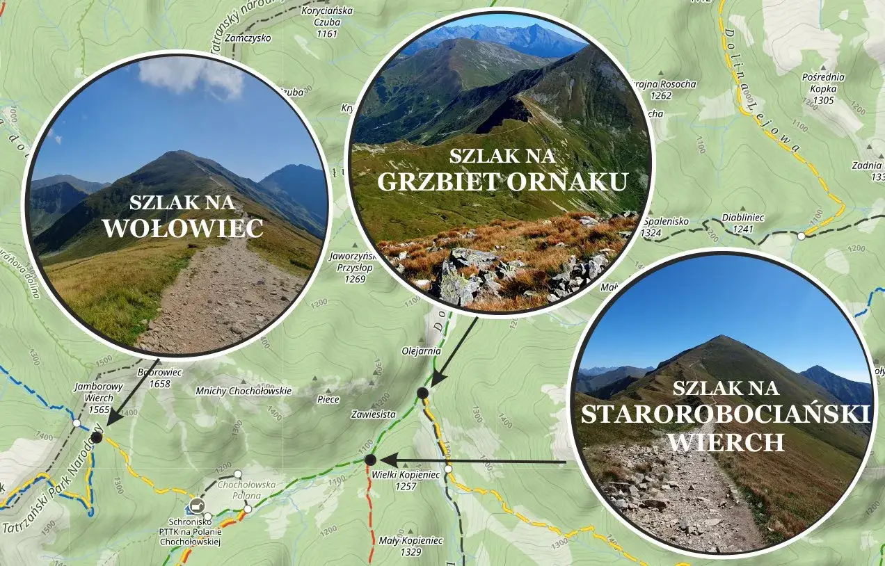 Porównanie szlaków na Starorobociański Wierch mapa z trasami