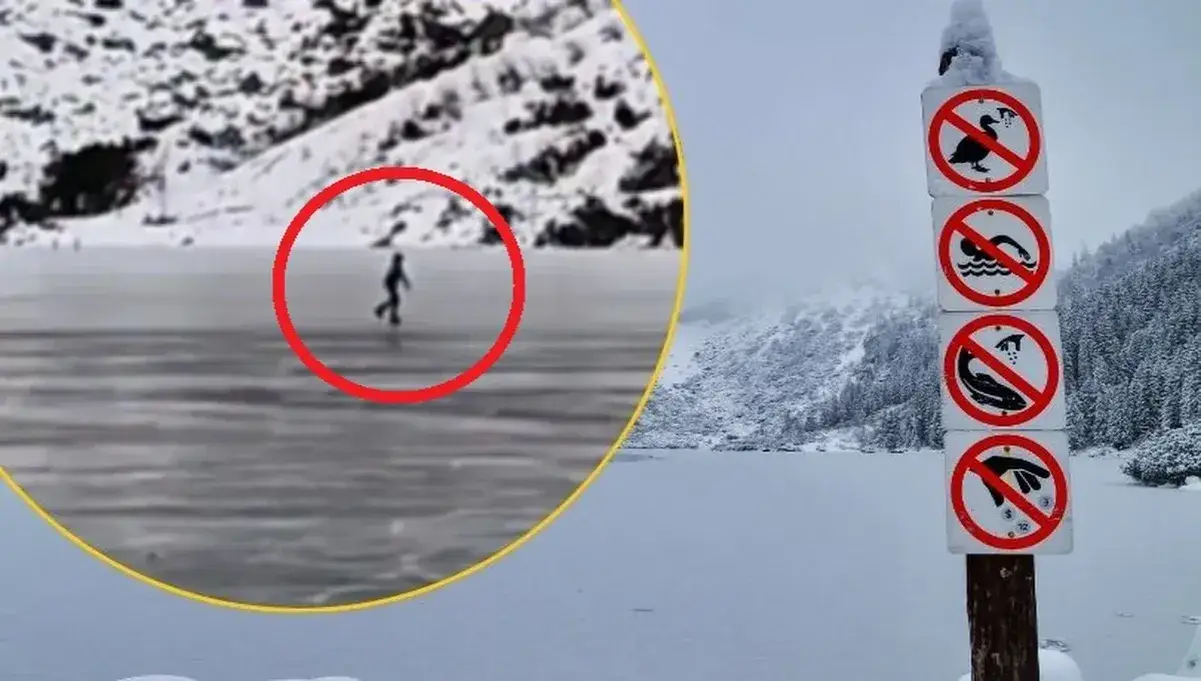 Znak ostrzegawczy zakaz wchodzenia na lód Morskie Oko