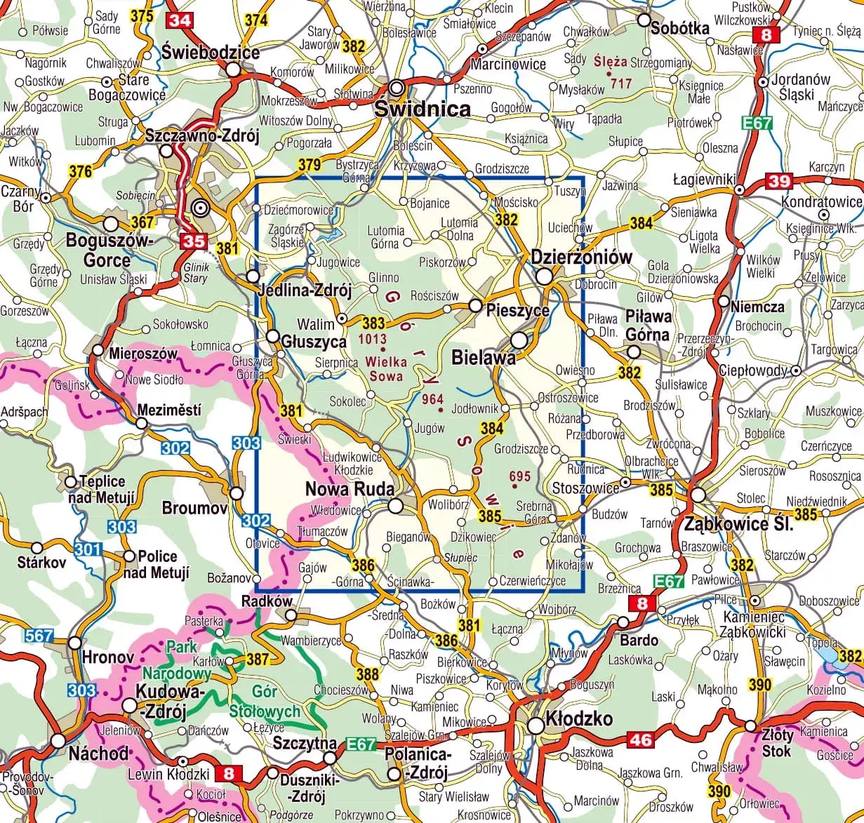 Mapa Gór Sowich z zaznaczonymi miejscowościami i atrakcjami
