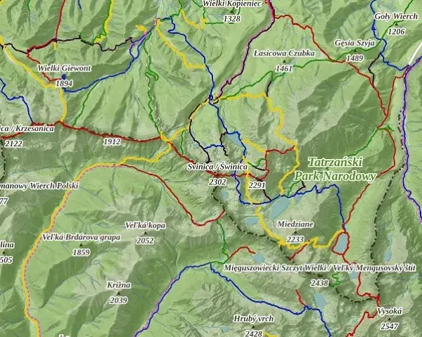 Mapa turystyczna z poziomicami i oznaczeniami szlaków