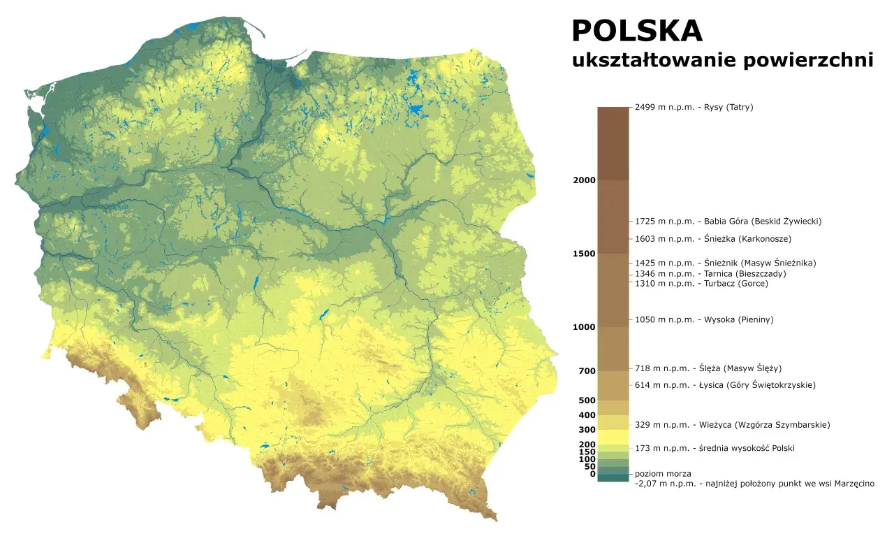 Mapa Polski z zaznaczonymi pasmami górskimi