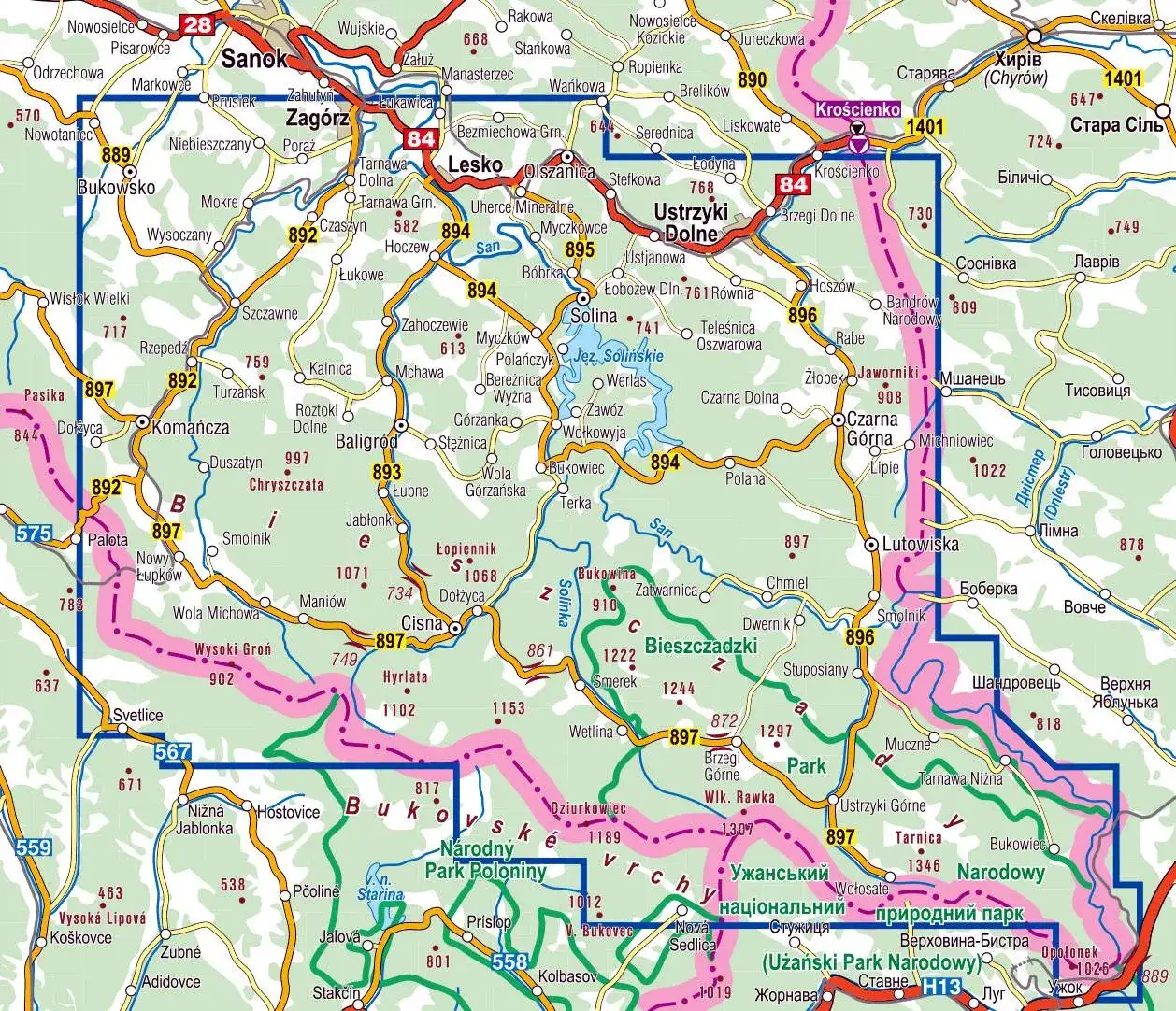 Mapa Bieszczadów z zaznaczonymi miejscowościami noclegowymi
