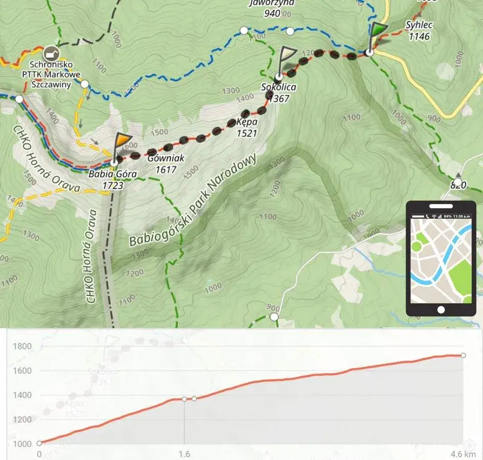 Mapa szlaków Babia Góra schronisko Przełęcz Krowiarki
