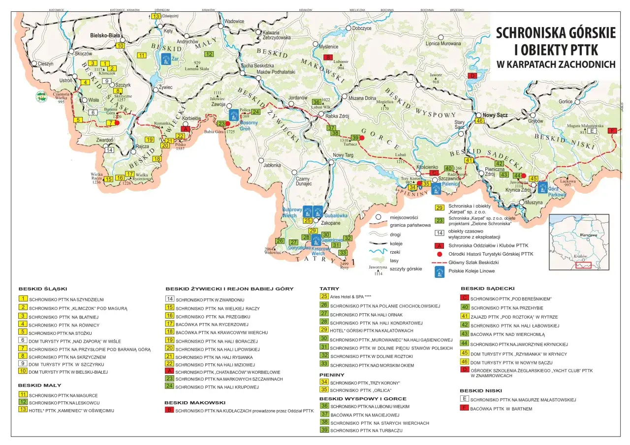 Polskie schroniska g&oacute;rskie mapa cenowa